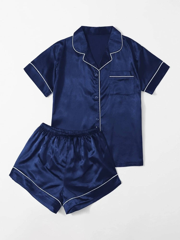 Navy Blue Silk Pajama Set for Women