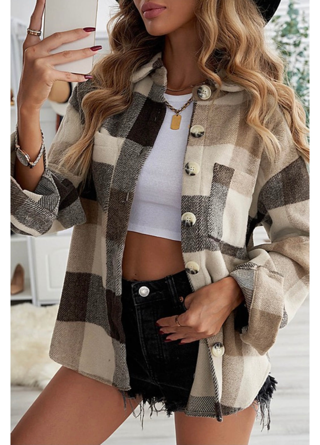 Khaki Plaid Shacket for Women